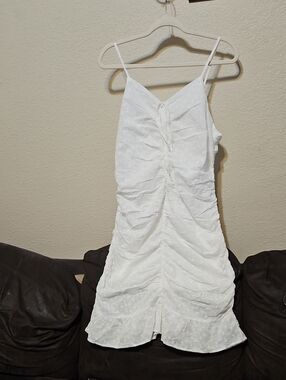 White Ruched Eyelet Midi Dress with Spaghetti Straps